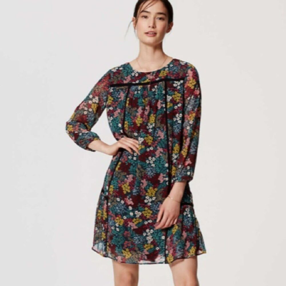 Ann Taylor LOFT Women's XS PETITE Navy Wildflower Babydoll Dress Long Sleeve